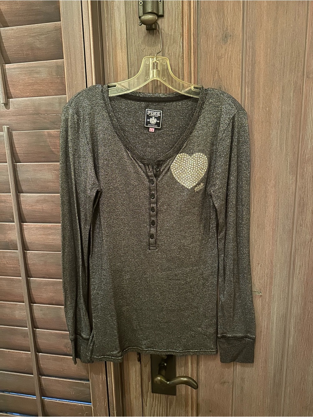 PINK Victoria's Secret Charcoal Gray Rhinestone Heart Henley Long Sleeve